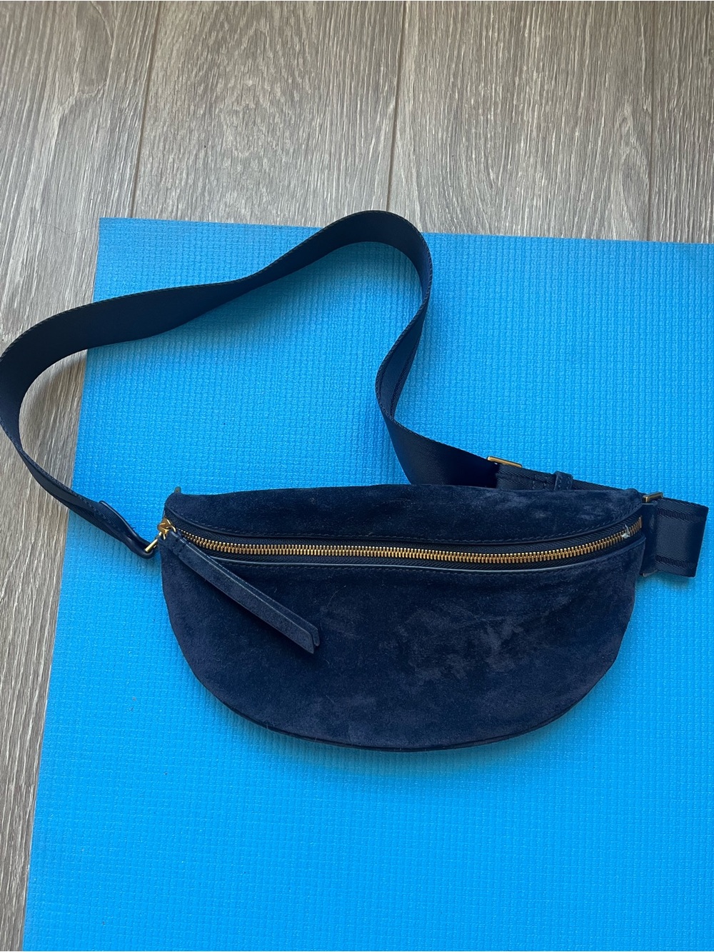 Quince Navy Suede Belt Bag with Gold Zipper